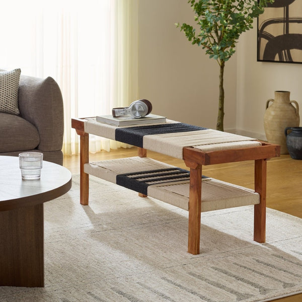 Safavieh Munich Stylish Compact Bench With Shelf – Solid Acacia Wood & Woven Cotton For Modern Spaces BCH3703A