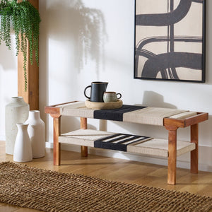 Safavieh Munich Stylish Compact Bench With Shelf – Solid Acacia Wood & Woven Cotton For Modern Spaces BCH3703A