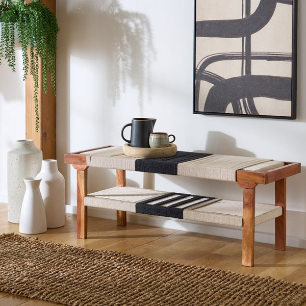 Safavieh Munich Stylish Compact Bench With Shelf – Solid Acacia Wood & Woven Cotton For Modern Spaces BCH3703A