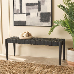 Walda Leather Woven Bench - Contemporary Black Mahogany Accent for Chic Living Spaces & Style