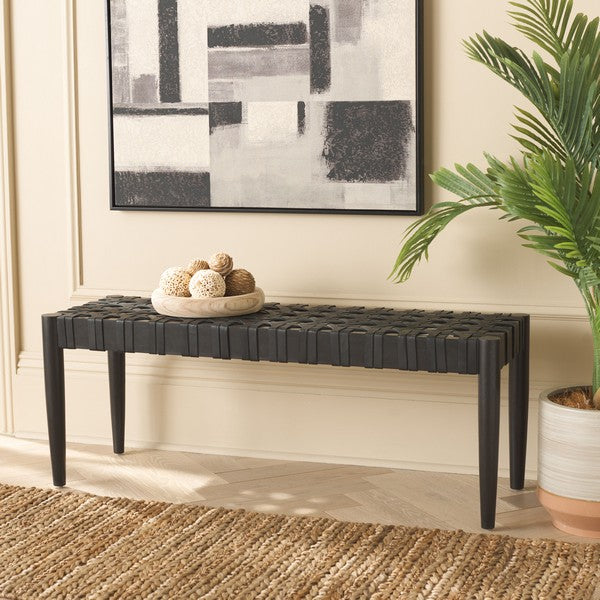 Walda Leather Woven Bench - Contemporary Black Mahogany Accent for Chic Living Spaces & Style