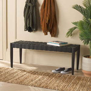 Safavieh Walda Leather Woven Bench - Modern Black Mahogany Accent For Entryway, Bedroom & Living Room Decor BCH4000A