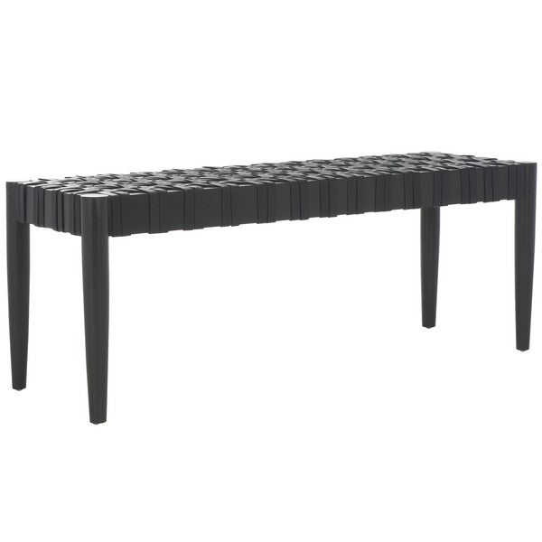 Walda Leather Woven Bench - Contemporary Black Mahogany Accent for Chic Living Spaces & Style