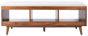 Safavieh Cricket Open Shelf Bench With Cushion – Stylish Mid-Century Storage Solution For Any Room Cream Linen / Natural Acacia BCH5000A