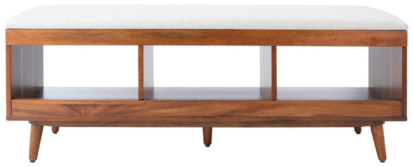 Safavieh Cricket Open Shelf Bench With Cushion – Stylish Mid-Century Storage Solution For Any Room Cream Linen / Natural Acacia BCH5000A