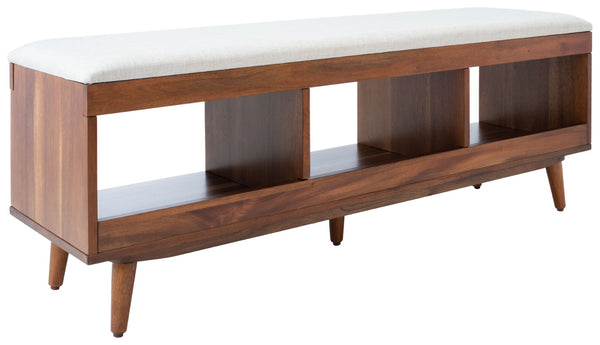 Safavieh Cricket Open Shelf Bench With Cushion – Stylish Mid-Century Storage Solution For Any Room Cream Linen / Natural Acacia BCH5000A
