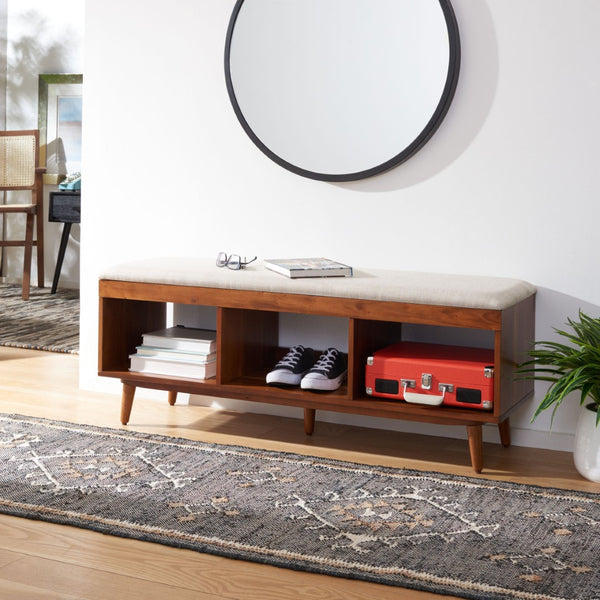 Safavieh Cricket Open Shelf Bench With Cushion – Stylish Mid-Century Storage Solution For Any Room Cream Linen / Natural Acacia BCH5000A