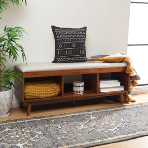 Safavieh Cricket Open Shelf Bench With Cushion – Stylish Mid-Century Storage Solution For Any Room Cream Linen / Natural Acacia BCH5000A