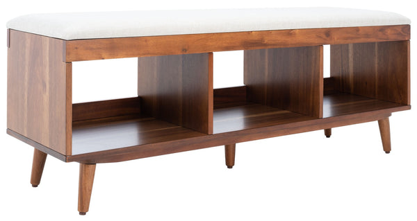 Safavieh Cricket Open Shelf Bench With Cushion – Stylish Mid-Century Storage Solution For Any Room Cream Linen / Natural Acacia BCH5000A