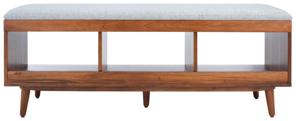 Safavieh Cricket Open Shelf Bench With Cushion – Stylish Mid-Century Storage Solution For Any Room Grey Linen / Natural Acacia BCH5000B