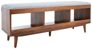 Safavieh Cricket Open Shelf Bench With Cushion – Stylish Mid-Century Storage Solution For Any Room Grey Linen / Natural Acacia BCH5000B