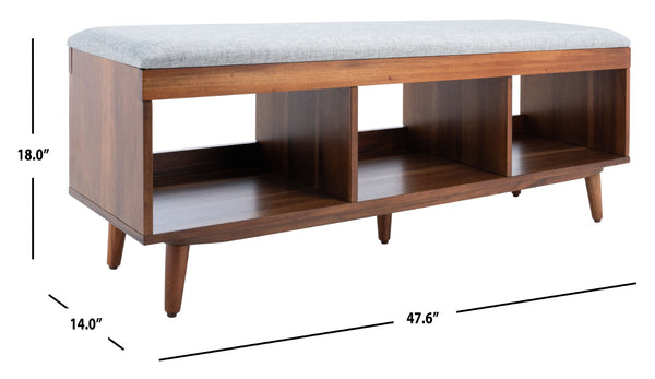 Safavieh Cricket Open Shelf Bench With Cushion – Stylish Mid-Century Storage Solution For Any Room Grey Linen / Natural Acacia BCH5000B