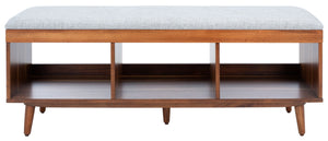 Safavieh Cricket Open Shelf Bench With Cushion – Stylish Mid-Century Storage Solution For Any Room Grey Linen / Natural Acacia BCH5000B