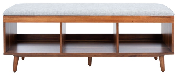 Safavieh Cricket Open Shelf Bench With Cushion – Stylish Mid-Century Storage Solution For Any Room Grey Linen / Natural Acacia BCH5000B