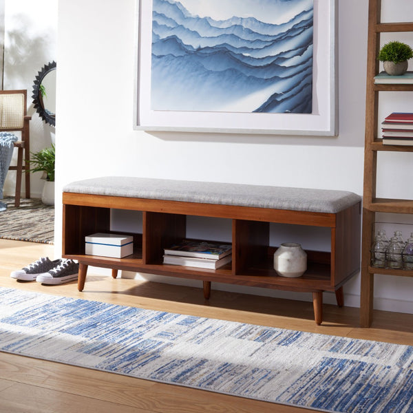 Safavieh Cricket Open Shelf Bench With Cushion – Stylish Mid-Century Storage Solution For Any Room Grey Linen / Natural Acacia BCH5000B