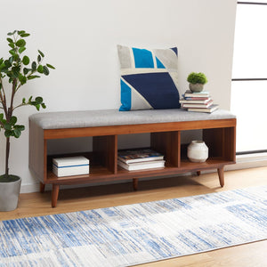 Safavieh Cricket Open Shelf Bench With Cushion – Stylish Mid-Century Storage Solution For Any Room Grey Linen / Natural Acacia BCH5000B