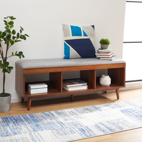 Safavieh Cricket Open Shelf Bench With Cushion – Stylish Mid-Century Storage Solution For Any Room Grey Linen / Natural Acacia BCH5000B