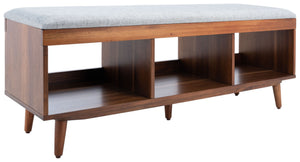 Safavieh Cricket Open Shelf Bench With Cushion – Stylish Mid-Century Storage Solution For Any Room Grey Linen / Natural Acacia BCH5000B