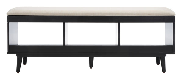 Safavieh Cricket Open Shelf Bench With Cushion – Stylish Mid-Century Storage Solution For Any Room Cream  Linen / Black BCH5000C