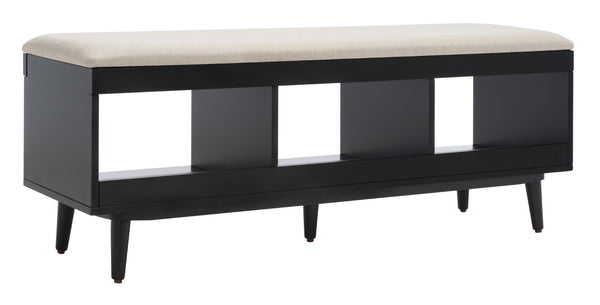 Safavieh Cricket Open Shelf Bench With Cushion – Stylish Mid-Century Storage Solution For Any Room Cream  Linen / Black BCH5000C