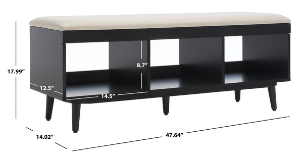 Safavieh Cricket Open Shelf Bench With Cushion – Stylish Mid-Century Storage Solution For Any Room Cream  Linen / Black BCH5000C