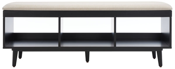 Safavieh Cricket Open Shelf Bench With Cushion – Stylish Mid-Century Storage Solution For Any Room Cream  Linen / Black BCH5000C