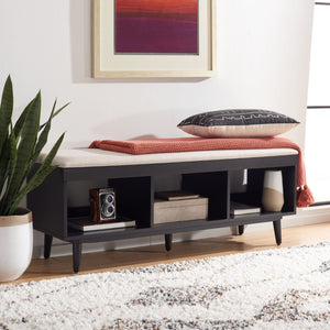 Safavieh Cricket Open Shelf Bench With Cushion – Stylish Mid-Century Storage Solution For Any Room Cream  Linen / Black BCH5000C
