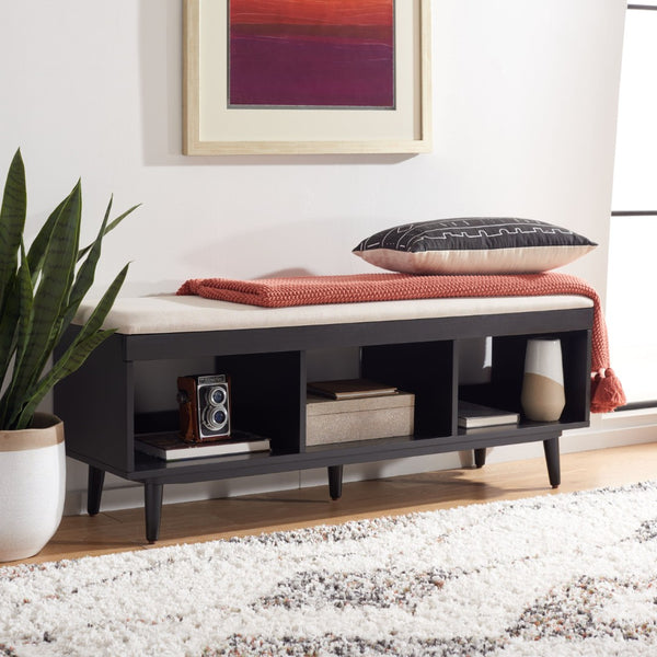 Safavieh Cricket Open Shelf Bench With Cushion – Stylish Mid-Century Storage Solution For Any Room Cream  Linen / Black BCH5000C