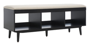 Safavieh Cricket Open Shelf Bench With Cushion – Stylish Mid-Century Storage Solution For Any Room Cream  Linen / Black BCH5000C