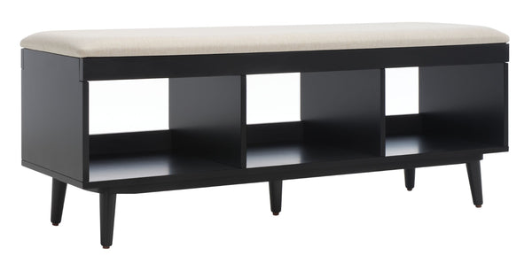 Safavieh Cricket Open Shelf Bench With Cushion – Stylish Mid-Century Storage Solution For Any Room Cream  Linen / Black BCH5000C