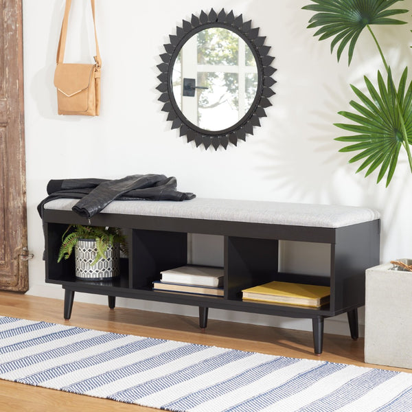 Safavieh Cricket Open Shelf Bench With Cushion – Stylish Mid-Century Storage Solution For Any Room Grey Linen / Black BCH5000D