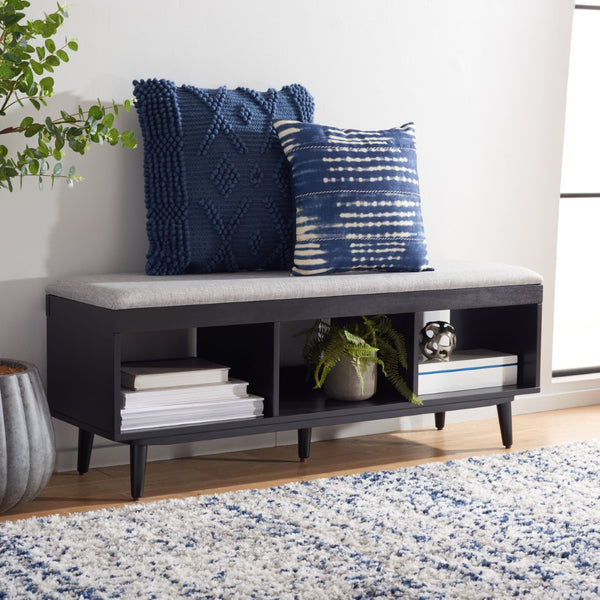 Safavieh Cricket Open Shelf Bench With Cushion – Stylish Mid-Century Storage Solution For Any Room Grey Linen / Black BCH5000D
