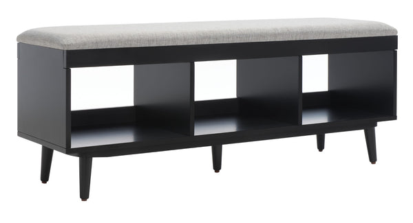 Safavieh Cricket Open Shelf Bench With Cushion – Stylish Mid-Century Storage Solution For Any Room Grey Linen / Black BCH5000D