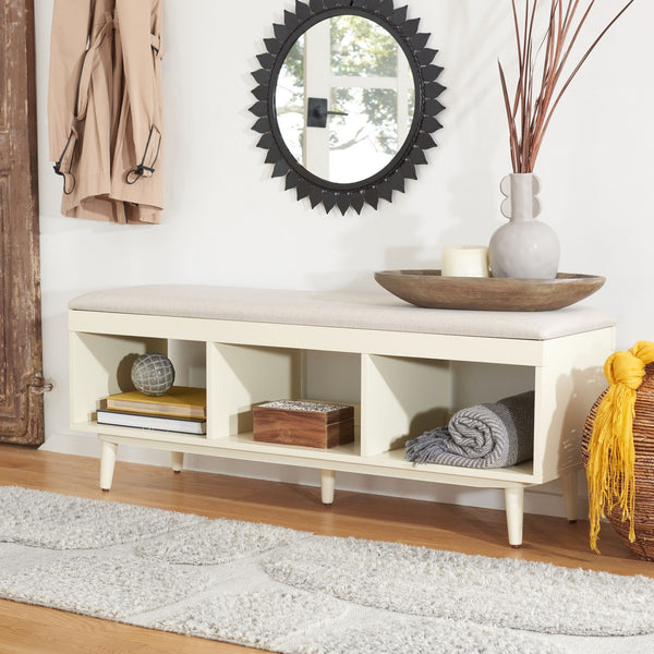 Safavieh Cricket Open Shelf Bench W/ Cushion XII23 Cream Linen / Cream Wood BCH5000E