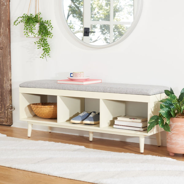 Safavieh Cricket Open Shelf Bench With Cushion – Stylish Mid-Century Storage Solution For Any Room Grey Linen / Cream BCH5000F