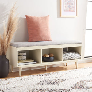 Safavieh Cricket Open Shelf Bench With Cushion – Stylish Mid-Century Storage Solution For Any Room Grey Linen / Cream BCH5000F