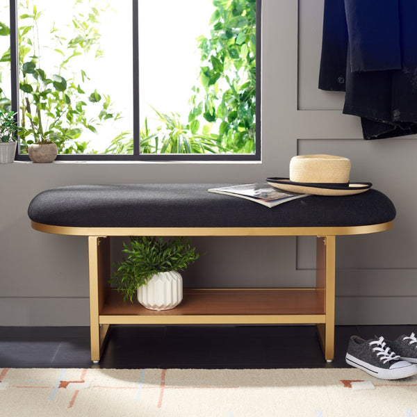 Safavieh Iona Open Shelf Bench With Cushion - Stylish Seating & Storage Solution For Entryways & Living Rooms Black / Walnut BCH5002A