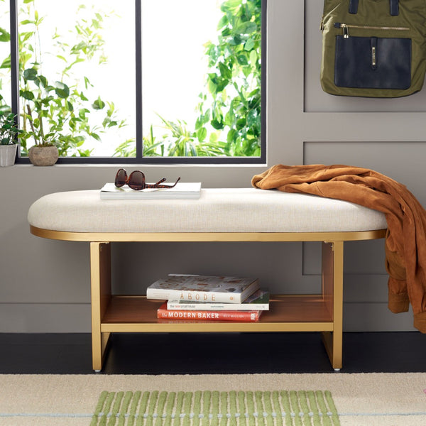 Safavieh Iona Open Shelf Bench With Cushion - Stylish Seating & Storage Solution For Entryways & Living Rooms Cream / Walnut BCH5002B