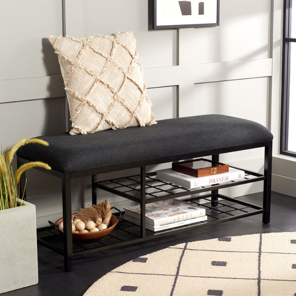 Safavieh Milligan Open-Shelf Entryway Bench With Plush Cushion For Stylish Storage And Seating Solutions Black / Black BCH5003A