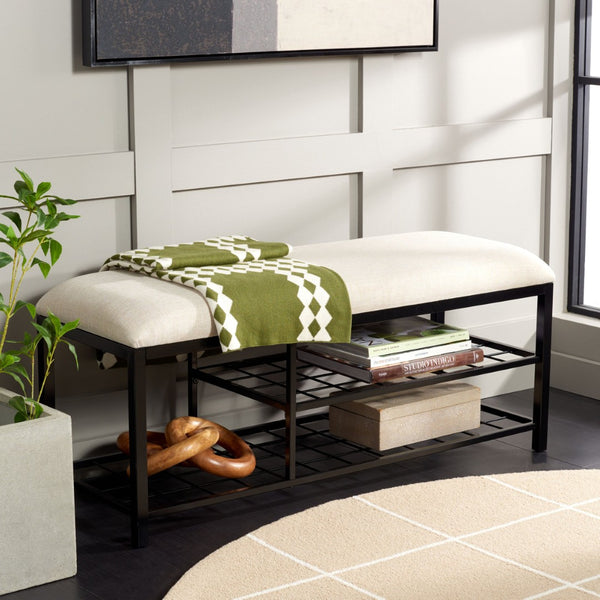 Safavieh Milligan Open-Shelf Entryway Bench With Plush Cushion For Stylish Storage And Seating Solutions Cream / Black BCH5003B