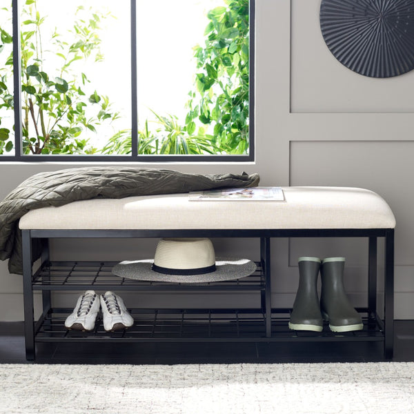 Safavieh Milligan Open-Shelf Entryway Bench With Plush Cushion For Stylish Storage And Seating Solutions Cream / Black BCH5003B