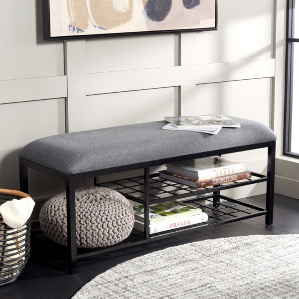 Safavieh Milligan Open-Shelf Entryway Bench With Plush Cushion For Stylish Storage And Seating Solutions Dark Grey / Black BCH5003C
