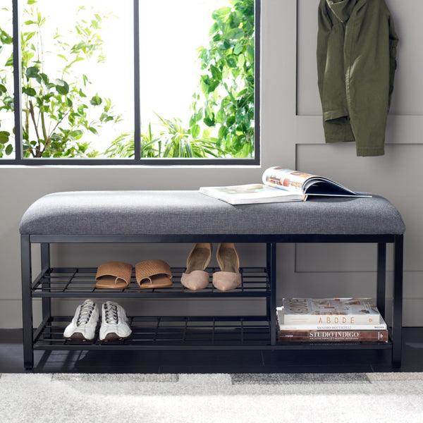 Safavieh Milligan Open-Shelf Entryway Bench With Plush Cushion For Stylish Storage And Seating Solutions Dark Grey / Black BCH5003C
