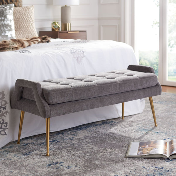 Safavieh Everdeen Bench - Modern Upholstered Seating With Plush Cushion, Channel Tufting & Stylish Gold Legs Charcoal / Gold BCH5200C