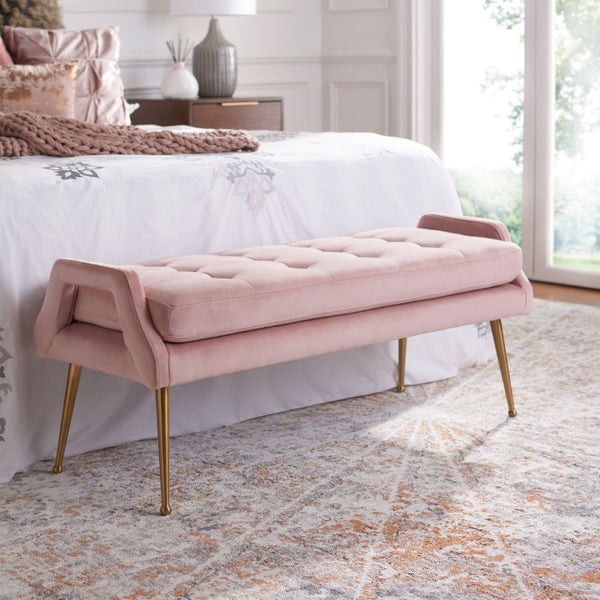 Safavieh Everdeen Bench - Modern Upholstered Seating With Plush Cushion, Channel Tufting & Stylish Gold Legs Pink / Gold BCH5200D