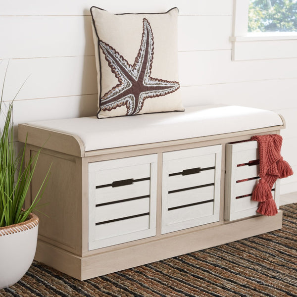 Safavieh Briar 3-Drawer Cushion Bench - Farmhouse Charm With Practical Storage For Entryway & Bedroom Decor Sand Frame / Distressed White Drawers BCH5700B