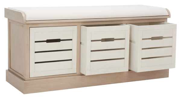 Safavieh Briar 3-Drawer Cushion Bench - Farmhouse Charm With Practical Storage For Entryway & Bedroom Decor Sand Frame / Distressed White Drawers BCH5700B