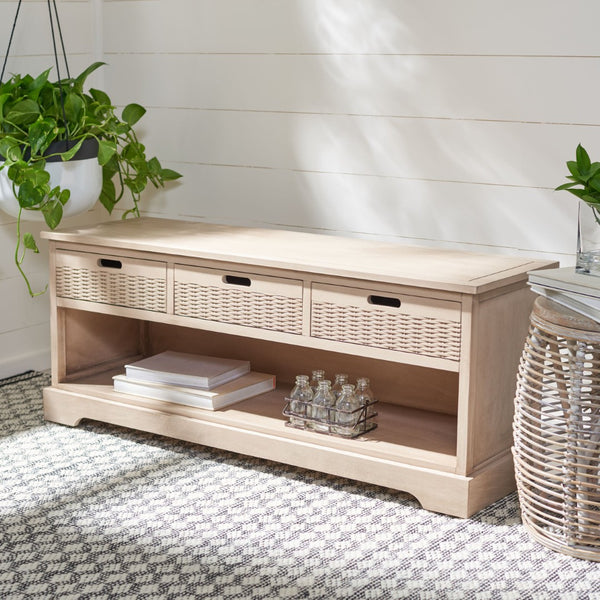 Safavieh Landers Contemporary 3-Drawer Storage Bench With Soft Sand Finish And Open Shelf For Organized Living BCH5701D