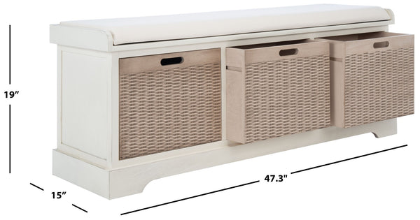 Safavieh Landers Farmhouse Storage Bench With Cushion Top And Three Basket Drawers For Entryway Organization Distressed White BCH5703A