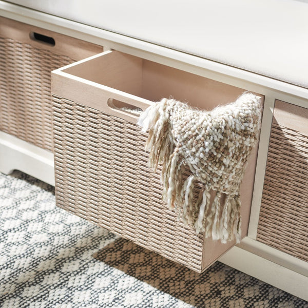 Safavieh Landers Farmhouse Storage Bench With Cushion Top And Three Basket Drawers For Entryway Organization Distressed White BCH5703A
